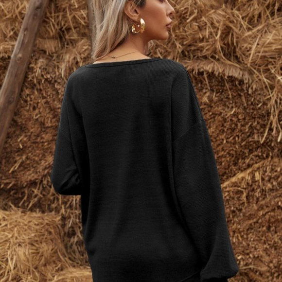 Boho Casual green Button Oversized Waffle Knit Top - Picture 6 of 7